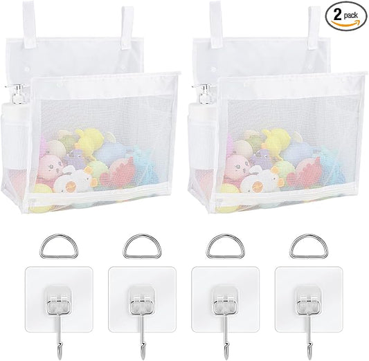 2 Pack Mesh Bath Toys Organizer, Kids Bathroom Toy Storage Holder with Hooks, Bottom Zipper Toy Bag for Bathtub (White)