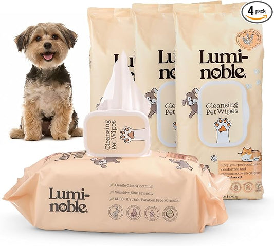 LUMI-NOBLE. Pet Wipes for Dogs & Cats - 400 Ct (4x100) Hypoallergenic Grooming Wipe, Oatmeal & Vanilla Scent, Dog Wipes Cleaning deodorizing for Paws, Ears, Butt & Body, Vegan, Sensitive Skin Safe
