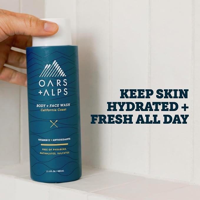 Oars + Alps Body Wash for Men, Mens Body Wash & Face Cleanser with Vitamin E & Antioxidants, Moisturizing, Paraben & Sulfate Free Cleanser, California Coast, 2pk