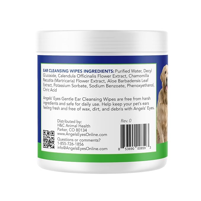 Angels' Eyes Ear Cleansing Wipes for Dogs & Cats | 100 Count Pre-Moistened Pads | Removes Dirt, Wax & Odor | Soothes Itchy Ears with Aloe & Chamomile | Alcohol-Free, No Dyes or Fragrance