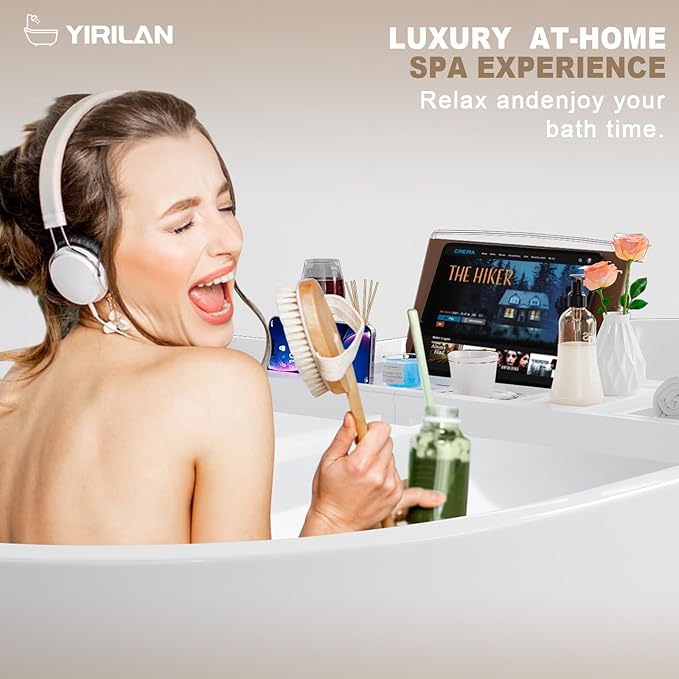 Yirilan Foldable Bathtub Caddy, Expandable Bath Caddy Tray, Unique House Warming Gifts, New Home, Anniversary and Wedding Gifts for Couple, White
