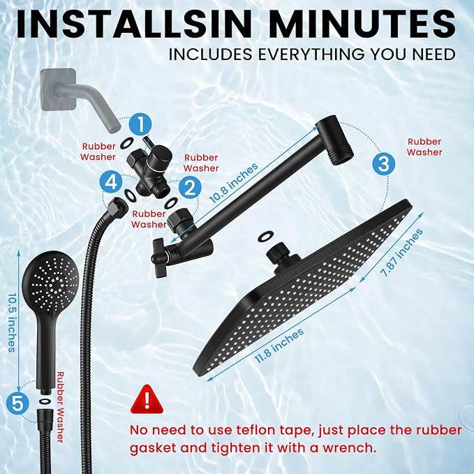Shower Head with Handheld Combo,11.8 Inch Large Rectangular Rain Shower Head with 5 Modes Handheld Spray Combo,Adjustable Double Shower Heads with Holder and 11'' Extension Arm Matte Black