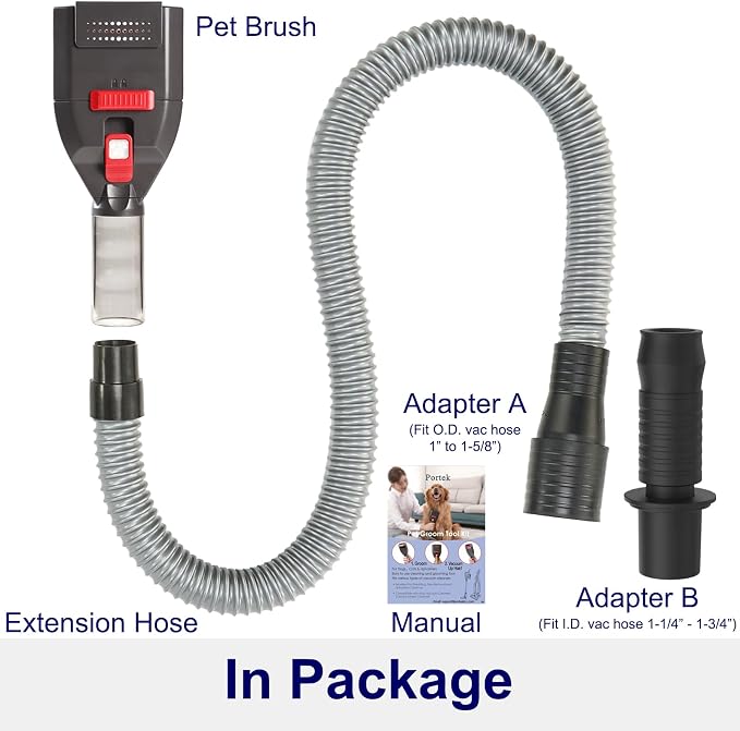 Portek Dog Grooming Vacuum Attachment for 1" to 1 3/4" Vacuum Cleaners, Pet Hair Shedding Brush Tool Kit with Long Extension Hose and Adapter