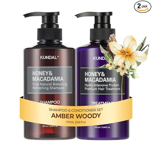 KUNDAL Honey & Macadamia Korean Hair Care Shampoo & Conditioner Set, Amber Woody, 16.9 Fl Oz Each - Salon Quality, Long Lasting Scent, Moisturizing, Argan & Macadamia Oil,Sulfate Free