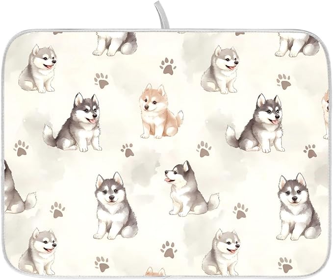 Cute Husky Dog Dish Drying Mat, Absorbent Drainer Mats for Kitchen Counter Coffee Maker 24"x18"