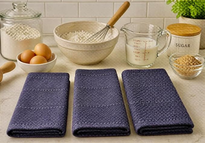 Serafina Home Eggplant Purple Kitchen Hand Dish Towels: Oversized 28" x 18", 100% Cotton Cloth Soft Cleaning Drying Absorbent Textured Design, Set of 3 Multipurpose for Everyday Use