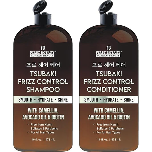 Korean Frizz Control Shampoo & Conditioner Set – Tsubaki Anti Frizz Hair Products for smooth, salon-worthy results- Sulfate Free, Hydrating & Smoothing for All Hair Types- 16 fl oz