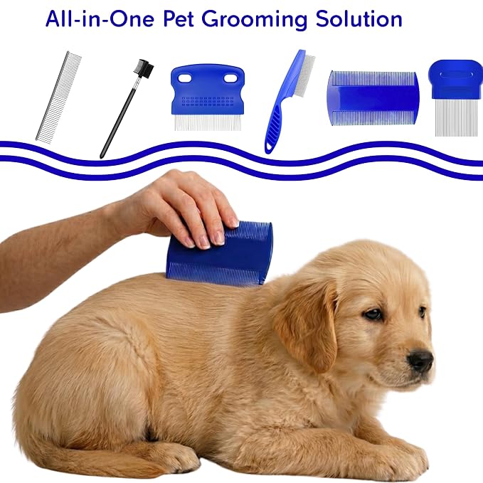 Evollax Flea Lice Comb – 6 Pack Flea Comb for Cats Dogs Remove Fleas Lice Eggs Stainless Steel Cat Dog Grooming Comb | Tear Stain Remover Dog Eye Comb | Dematting Comb for Dogs Ideal for all pet Size