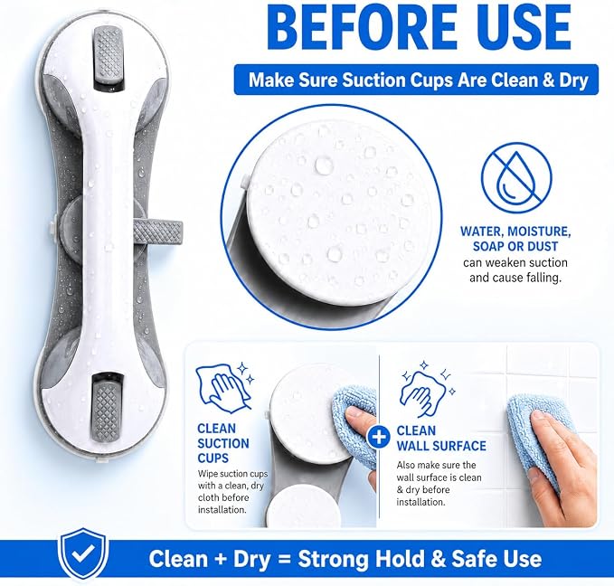 2 Pack Grab Bars for Bathroom, Shower Safety Handle for Elderly and Seniors, No Drill Removable Bathtub Handle with 3 Suction Cups, Smooth Tile & Glass