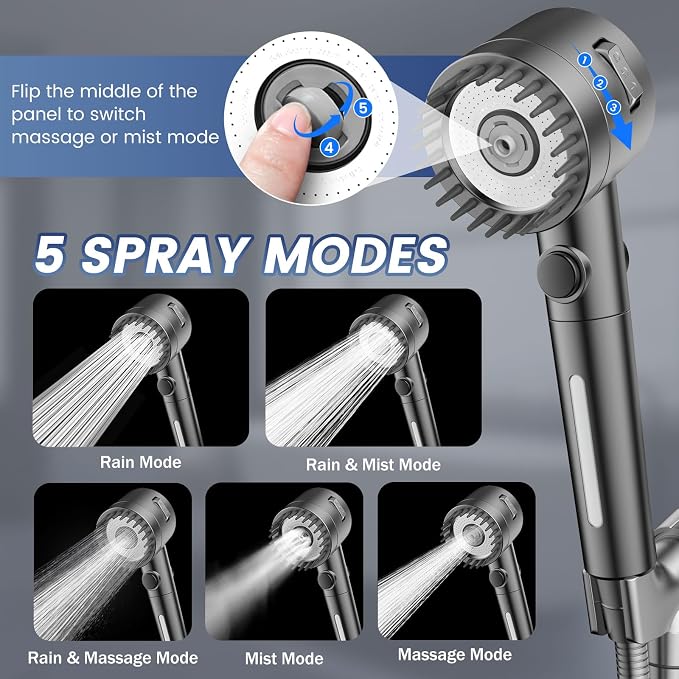 Filtered Shower Head with Handheld, High Pressure 5-Spray Shower Head with Filters for Hard Water, ON/OFF Switch Showerhead for Pets Bath, Shower Heads Filter - Remove Chlorine, Improve Skin and Hair