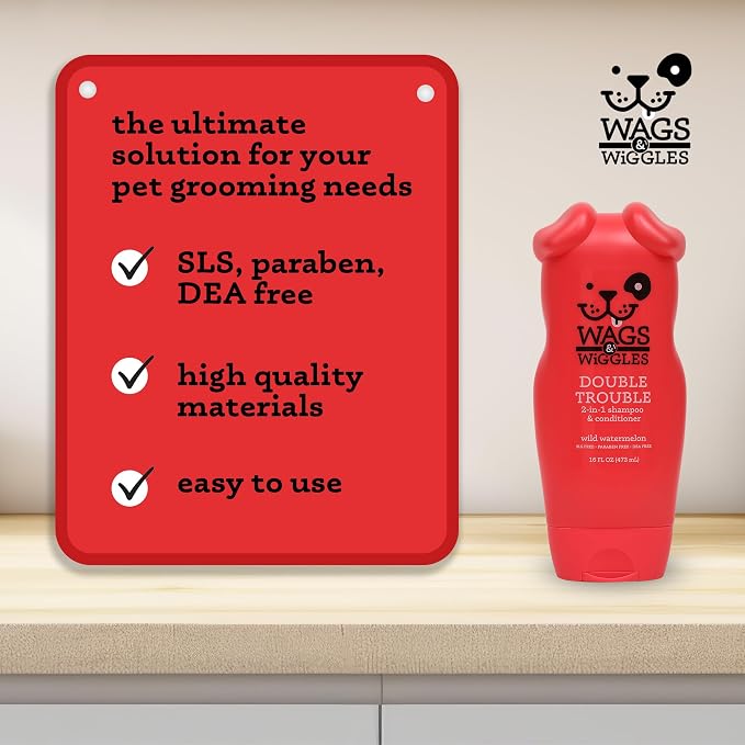 Wags & Wiggles Double Trouble 2-in-1 Dog Shampoo and Conditioner, Fruity Watermelon Scent - Cleansing and Conditioning Formula with Jojoba Oil and Wheat Protein, 16 Fl Oz