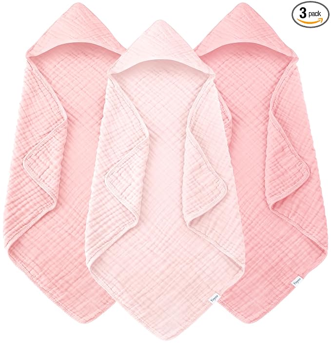 Muslin Hooded Baby Bath Towels - 3 Pack 100% Cotton Ultra-Soft Towels for Newborns, Infants, Toddlers - 32x32 Inch - Highly Absorbent, Quick-Dry Essentials for Bath Time, Beach, Pool, Pink Series