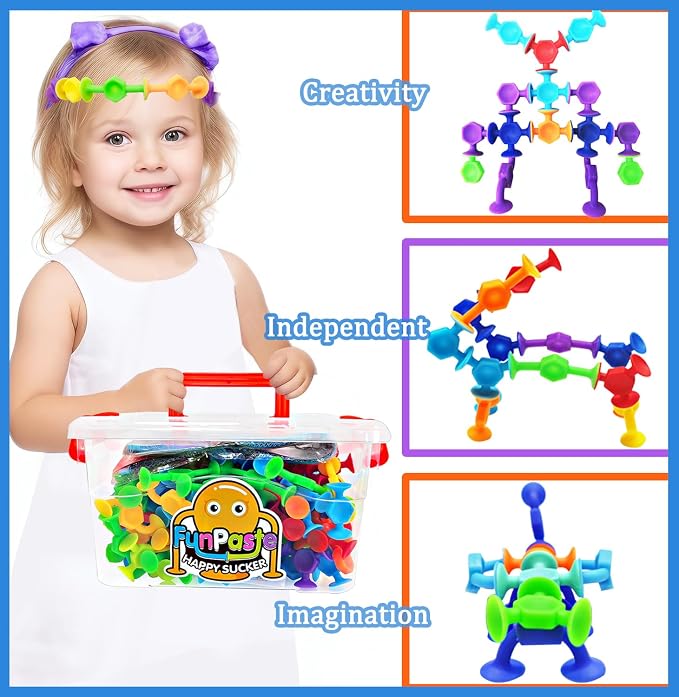 165Pcs Genius Suckers Suction Cup Toys, Bath Sensory Toys for Kids, Colorful Building Toys Party Favor Gift for 3 4 5 6 Year Old Boy Girl Toddler Travel Fidget Window Toy with Storage Organizer
