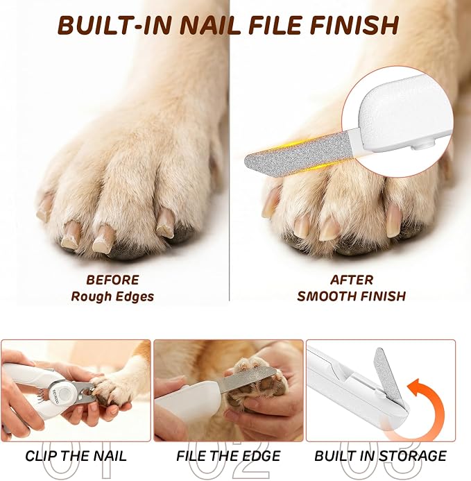 Dog Nail Clippers & Cat Nail Clipper, Pet Nail Trimmer with 2 LED Lights,Safety Side Lock, Nail File and Anti-Slip Handles, Dog Nail Grinder Quiet for Large and Medium Dogs & Cats