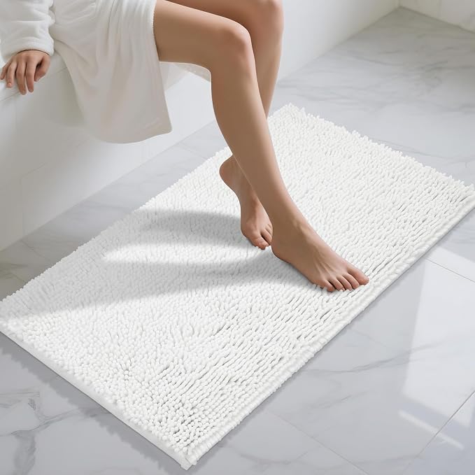 Yimobra Long Bathroom Rugs 44"x24", Extra Soft Non Slip Bath Mat for Tub, Super Absorbent Quick Dry Shaggy Rug Floor Carpet, Machine Washable,White