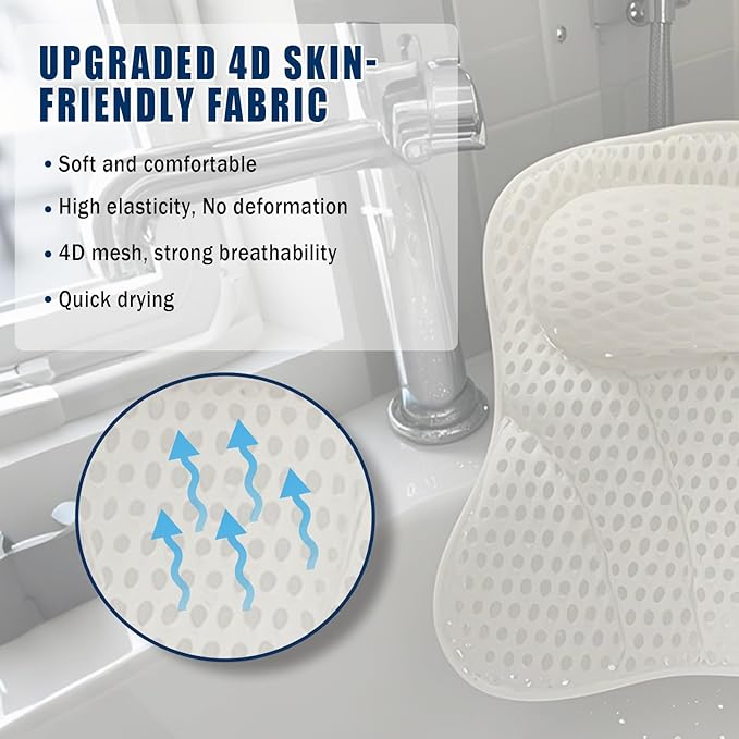 Bath Pillow Bathtub Pillow, Thick Padded Ergonomic Bathtub Headrest for Tub Neck and Back Support with Soft 4D Mesh Fabric and Six Non-Slip Suction Cups, Bath Pillows for Bath Accessories