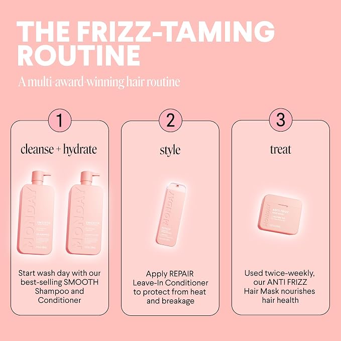 MONDAY HAIRCARE Smooth Shampoo + Conditioner Bathroom Set (2 Count) 27 oz Each For Frizzy, Coarse & Curly Hair Made with Coconut Oil, Shea Butter & Vitamin E 100% Recyclable Bottle Pink