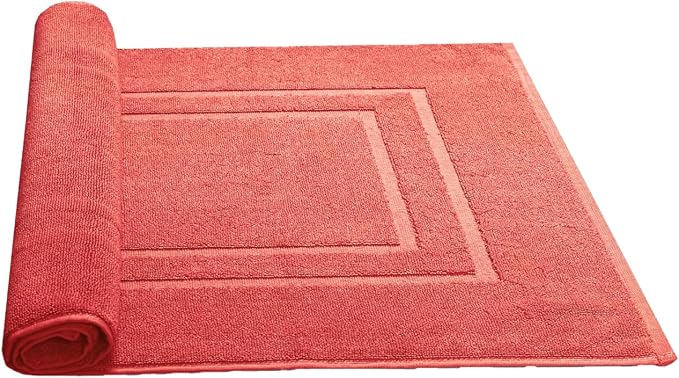Feather & Stitch 2 Piece Towel Like Bath Mats (30x21 Inch) 100% Cotton Terry Bath Mat, Bathroom Shower Floor Mat [NOT A Bathroom Rug], Soft Absorbent Washable Mats - Coral