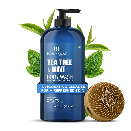 Botanic Hearth Tea Tree & Mint Body Wash with Silicone Dual-Sided Design Body Brush & Scrubber | Infused with 100% Pure Tea Tree Oil, Coconut, Jojoba |Foot & Body Cleanser | Paraben Free |16 fl oz
