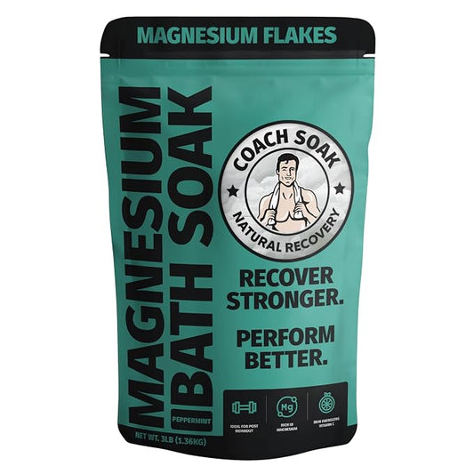 Coach Soak Magnesium Bath Soak - 3 lb, Cooling Peppermint Bath Salts | Epsom Salt Alternative, Fast-Absorbing Pure Flakes & Dead Sea Minerals for Relaxation & Soothing Relief