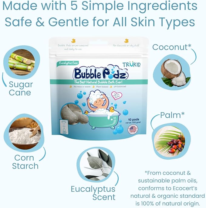 TruKid Bubble Podz Bubble Bath for Kids, Toddlers, & Babies, Tear Free Gentle & Refreshing Bath Bomb for Sensitive Skin with Natural Moisturizers, Non-Toxic, pH Balanced, Eucalyptus Scent (10 Podz)