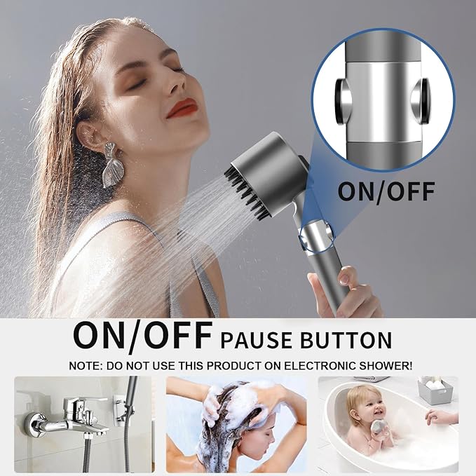 High Pressure Shower Head, Shower Head High Pressure, Showerhead with Handheld and 4 Filters, 4 Spray Modes & Pause Switch, Silicone Scalp Massager, 59" Hose & Bracket for Hard Water & Pets, Gray