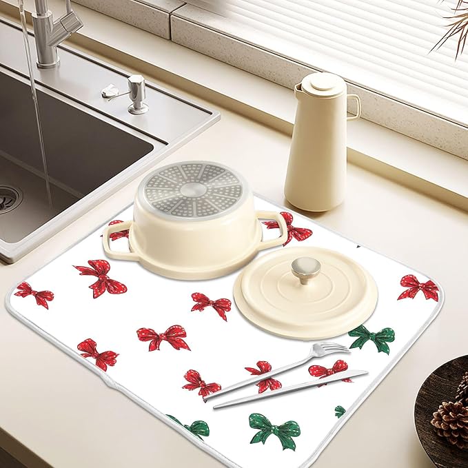 Christmas Bow Pattern Dish Drying Mat, Absorbent Drainer Mats for Kitchen Counter Coffee Maker 18"x16"