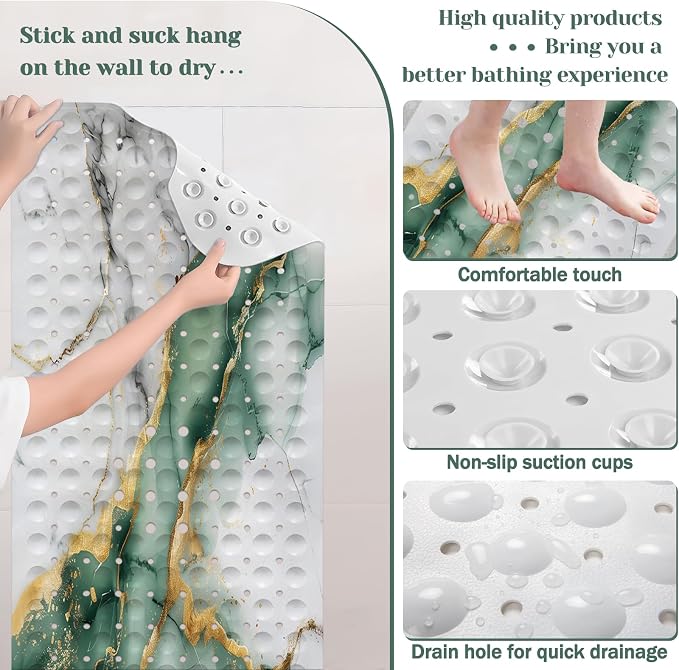 Marble Bath Tub Mat Non Slip, Green Gold Marble Non Slip Bath Mat for Shower, Large Washable Shower mats for Showers with Drain Holes and Suction Cups,40 X 16 Inch