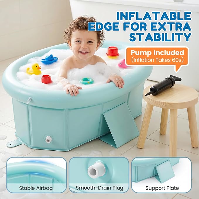 Orzbow Toddler Bathtub with Inflatable Top Edge, Collapsible Baby Bathtub with Side Drain Plug, Portable Bath Tub for Infant Toddler Kids 6M- 6Y Without Assembly, Extra Stable & Durable, Green