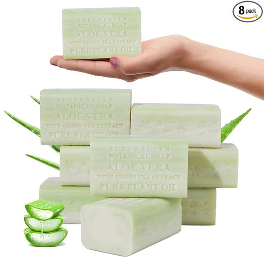 Australian Botanical Soap, 6.6 OZ, Aloe Vera and Green Tea Extract, Triple Milled Bars made with a Natural Soap Base and Enriched with Organic Shea Butter, Pack of 8