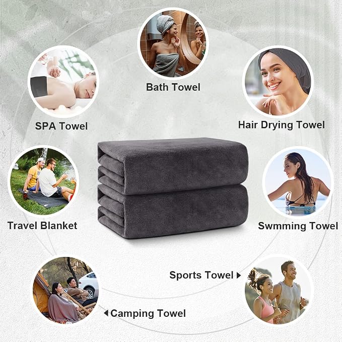 Orighty Bath Towel Pack of 4 - Soft Feel Grey Bath Towel Sets, Highly Absorbent Microfiber Towels for Body, Quick Drying, Microfiber Towels for Sport, Yoga, SPA, Fitness, (27’’ x 54’’)