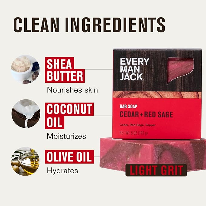 Every Man Jack Cold Processed Mens Bar Soap - Cedar + Red Sage Scent - Deeply Cleans & Hydrates with Shea Butter and Coconut Oil - (3 Pack)