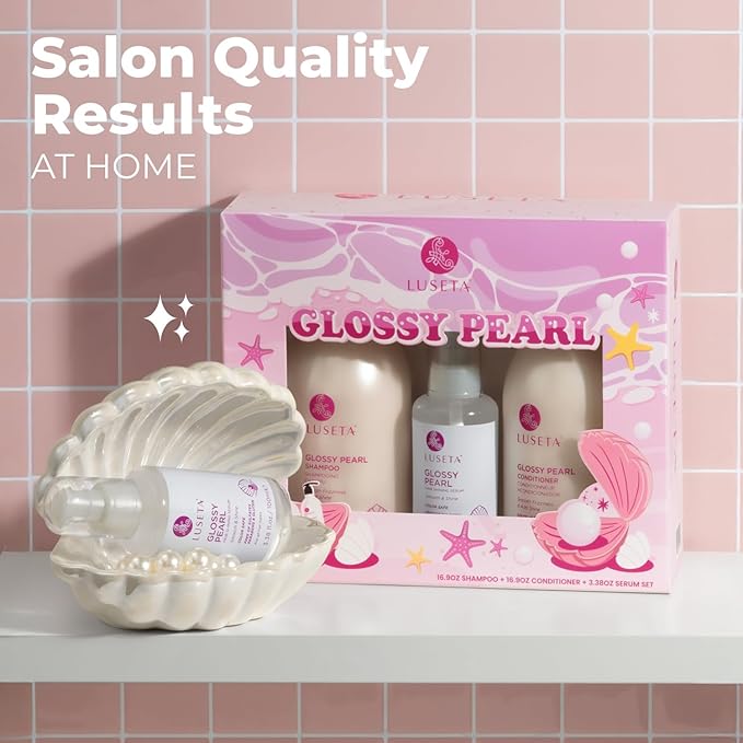 Luseta Glossy Pearl Hair Care Set, Smooth & Shine for Dull Hair | Shampoo & Conditioner (16.9oz×2), Hair Oil (3.38oz), Moisture Care, Easy Detangling, Healthy-Looking Shine, Sulfate Free