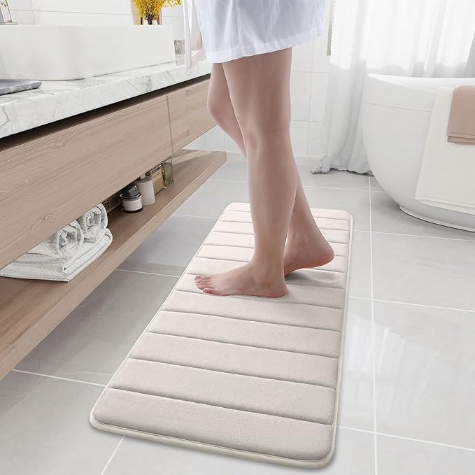 Buganda Memory Foam Bath Mat, 47" x 17", Ultra Soft Bathroom Rugs, Water Absorbent and Machine Washable Bath Rug Runner for Bathroom, Shower, and Tub, Cream