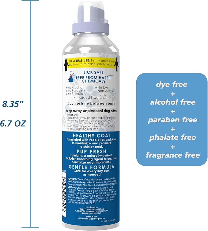 Wahl USA Pet Odor Neutralizing Mist for Dogs – Fast Acting Pet Odor Eliminator, Propellant-Free Mist that is Pet Safe & Environment Safe - Probiotic Formula, Fragrance Free – Model 3028687