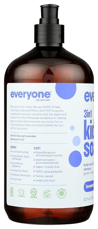 Everyone 3-in-1 Kids Soap, Body Wash, Bubble Bath, Shampoo, 32 Ounce (Pack of 1), Lavender Lullaby, Coconut Cleanser with Plant Extracts and Pure Essential Oils
