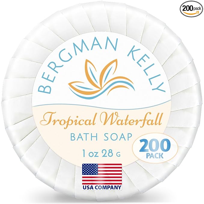 BERGMAN KELLY - Hotel Soap Bars in Bulk - Tropical Waterfall, 1 oz, 200 PK - Small Individually Wrapped Round Soap - Travel Size Mini Toiletries for Airbnb, Motel, Guest Bathroom