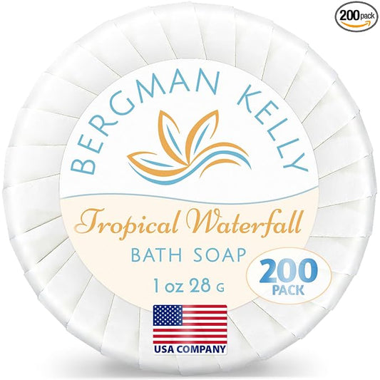 BERGMAN KELLY - Hotel Soap Bars in Bulk - Tropical Waterfall, 1 oz, 200 PK - Small Individually Wrapped Round Soap - Travel Size Mini Toiletries for Airbnb, Motel, Guest Bathroom