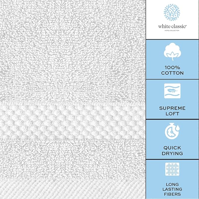 White Classic Luxury Cotton Washcloths 13x13 Inch - 650 GSM Turkish Cotton | Hotel, Spa, Bathroom Face Towel | 12 Pack, Silver