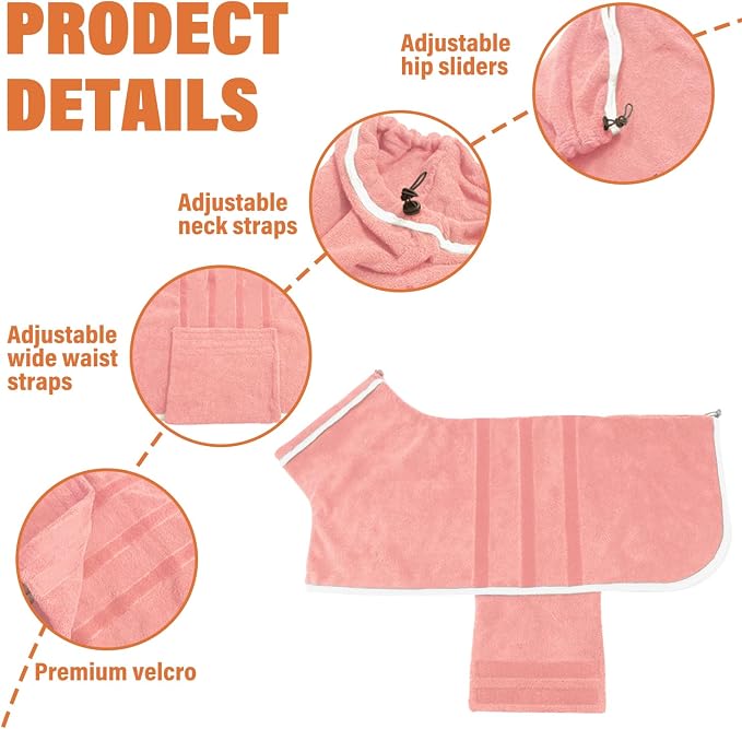 Dog Robe - Fast Drying Towel - Microfiber Super Absorbent Pet Bathrobe, Adjustable Collar & Belly Strap (Pink, Large)