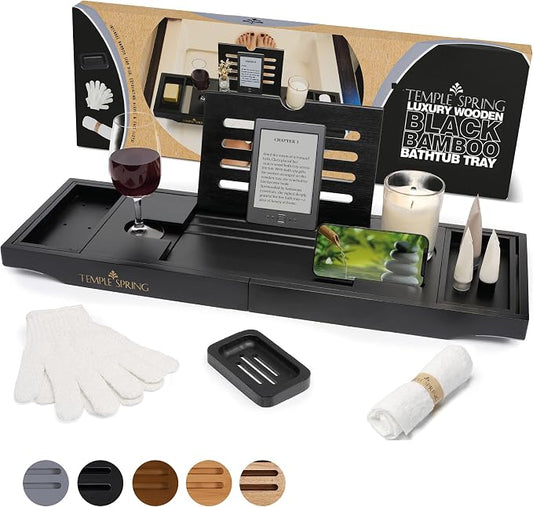 Temple Spring Bamboo Bathtub Tray Caddy for Tub — Expandable Wood Bath Tray with Solid Book Stand Wine Holder and Non-Slip Pads — Includes Bamboo Soap Dish and Spa Accessories — Luxury Bath Gift Set