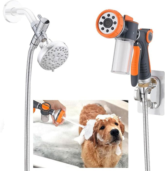 Dog 8.2ft Pup Shampoo Dispenser Jet Attachment to Shower Head Washing, 8-Setting High Pressure Pet Wash Cleaning Sprayer Bath for Bathtub Station, Adhesive Shower Holder, Indoor