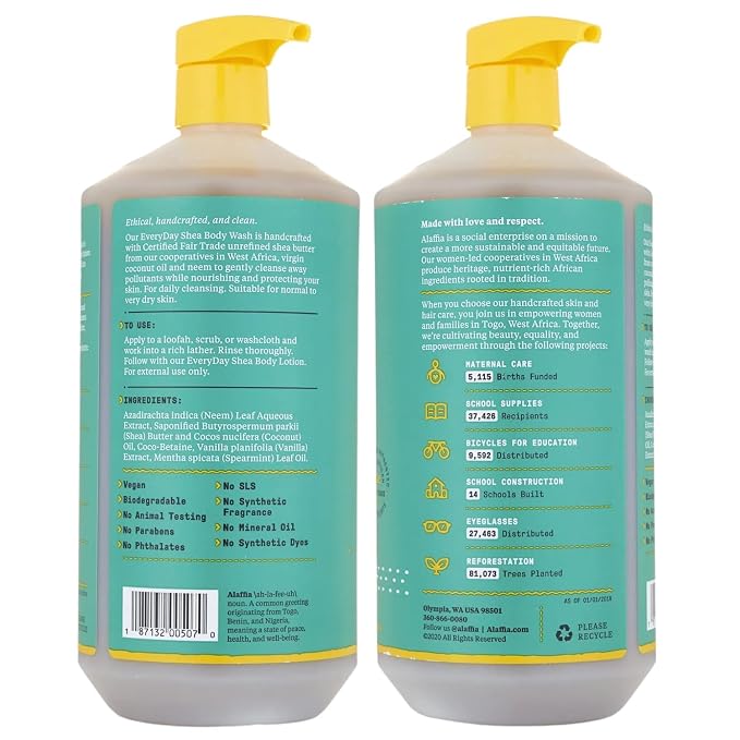 Alaffia Everyday Shea Body Wash, Naturally Helps Moisturize and Cleanse Without Stripping Natural Oils with Fair Trade Shea Butter, Neem, and Coconut Oil Vanilla Mint 32 fl oz - 2 Pack