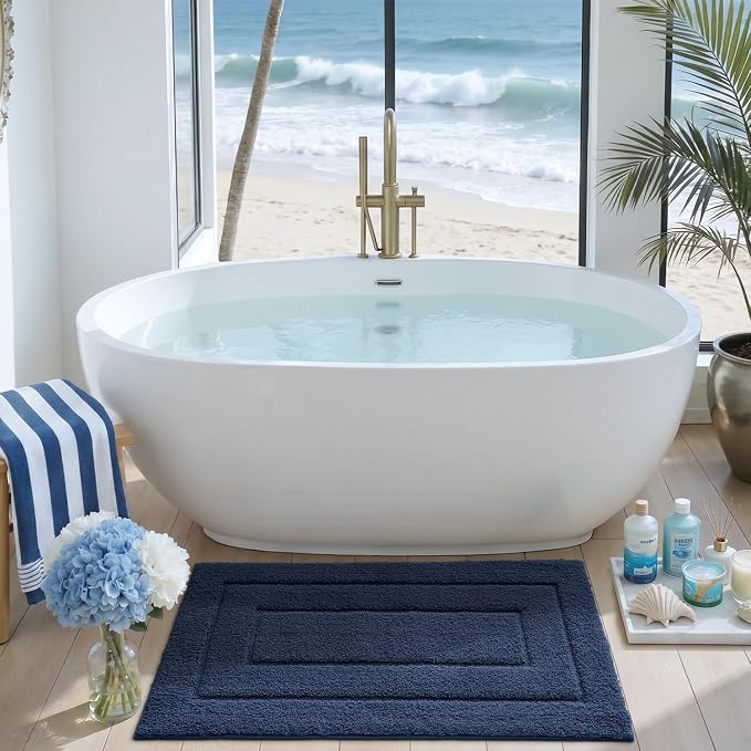 DEXI Small Bathroom Rug 24x16, Non Slip Washable Bath Mat for Shower Floor, Absorbent Soft Bathmat with Rubber Backing, Quick Dry Microfiber Carpet, Navy