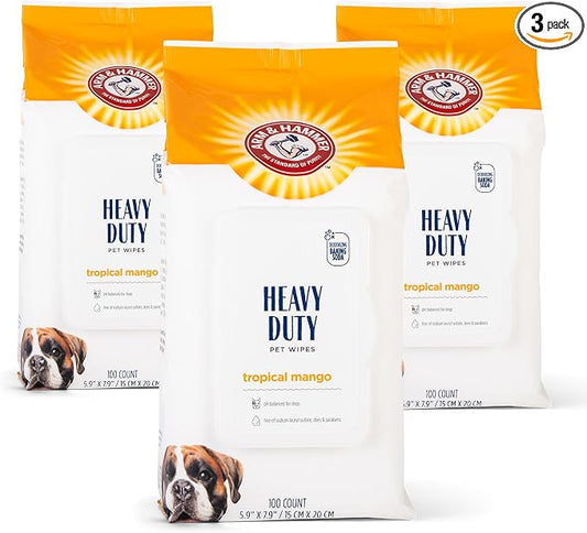 Arm & Hammer for Pets Heavy Duty Multipurpose Dog Wipes Paw and Butt Wipes Cleans Deodorizes and Freshens Coat and Skin Between Baths Mango Scent 100 Count 3 Pack Arm Hammer Grooming Supplies