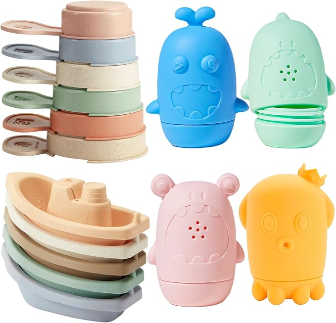 Baby Bath Toys for Kids Ages 1-3, 15PCS Mold Free Bath Toys Toddlers 2-4, Bathtub Pool Water Table Toys, Silicone Bath Toy and Floating Boats & Stacking Spoons for Babies 6-12 Months