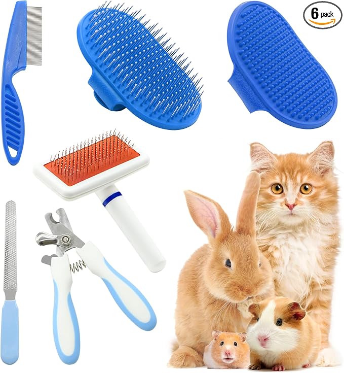 Pet Grooming Kit with Slicker Brush Bath Massage Glove Brush Pet Shedding Comb Nail Clipper Trimmer 6 Piece Set for Rabbit Kitten Guinea Pig Cat Chinchilla Ferret Small Animals