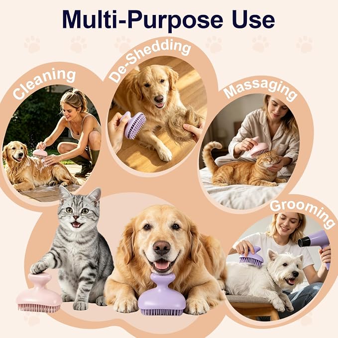 Oleamuo Dog Bath Brush for Grooming & Shedding, Self-Cleaning Pet Scrubber | One-Click Hair Release, Helps Reduce Shedding, For Short & Long-Haired Dogs and Cats, Wet & Dry Use(Purple)