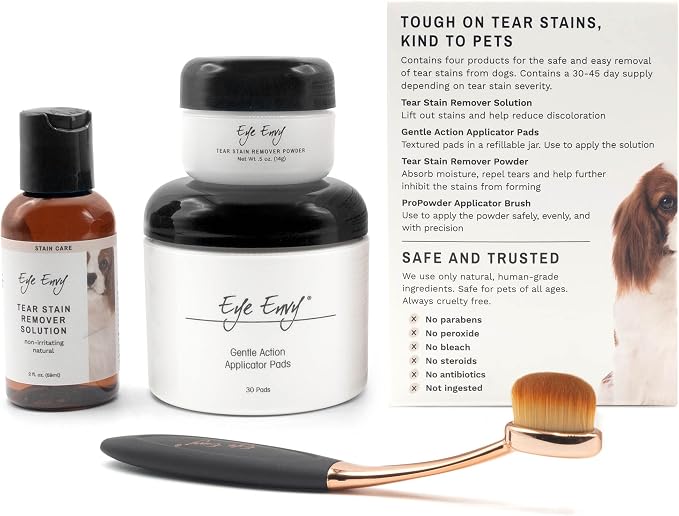 Eye Envy Dog Tear Stain Remover Starter Kit with ProPowder Brush | Stain Solution, Applicator Pads, Stain Powder and Large Applicator Brush | Lasts 30-45 Days