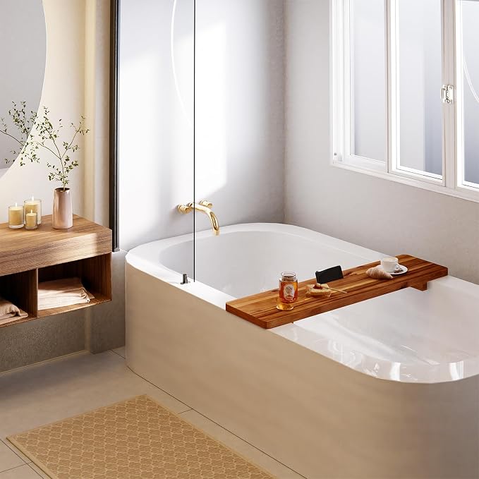 Tinamo Acacia Bathtub Caddy Tray Table | 35x9 Inch Large Bath Tub Wooden | Anti-Tipping, Sustainable Tub Tray for Bath tub | Bath-tub Accessories Holders for Bath-tub (Acacia, 35" x 9" x 2.5") | Acacia Wood, 35" x 9" x 2.5", Custom Legs, Phone/Tablet &...